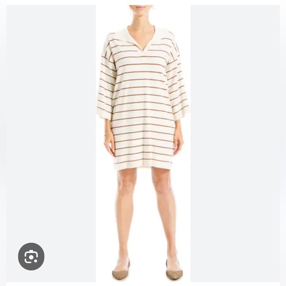 Max Studio Johnny collar striped knit dress color off white caramel small - Picture 1 of 13
